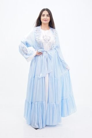 Katlı Organze Abaya Elbise Takım Mavi - 40-48