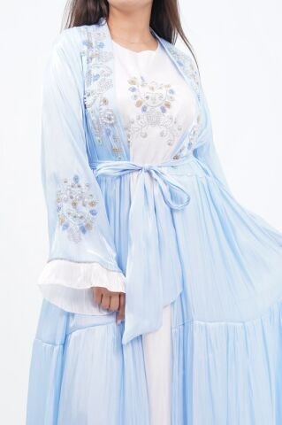 Katlı Organze Abaya Elbise Takım Mavi - 40-48