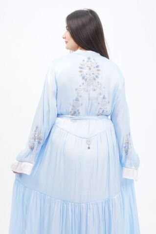 Katlı Organze Abaya Elbise Takım Mavi - 40-48