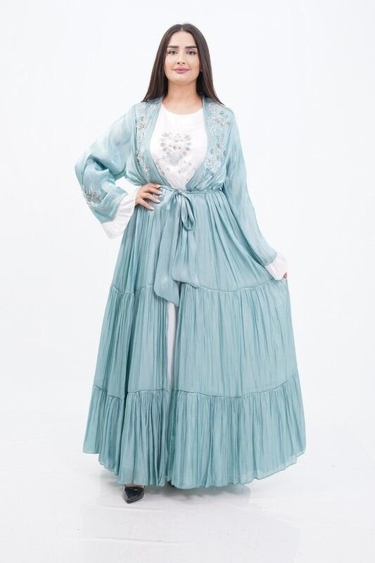 Katlı Organze Abaya Elbise Takım Mint - 40-48