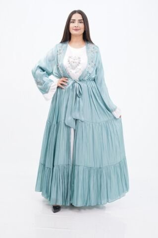 Katlı Organze Abaya Elbise Takım Mint - 40-48