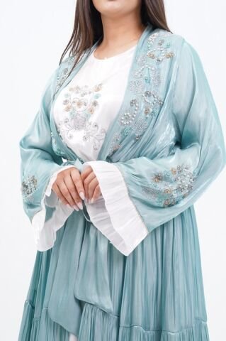 Katlı Organze Abaya Elbise Takım Mint - 40-48