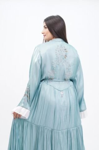 Katlı Organze Abaya Elbise Takım Mint - 40-48