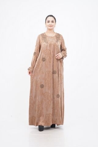 Çiçek Aplikeli Tensel Elbise Bej - 40-48