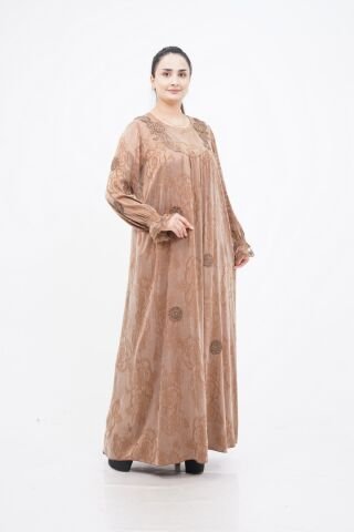 Çiçek Aplikeli Tensel Elbise Bej - 40-48