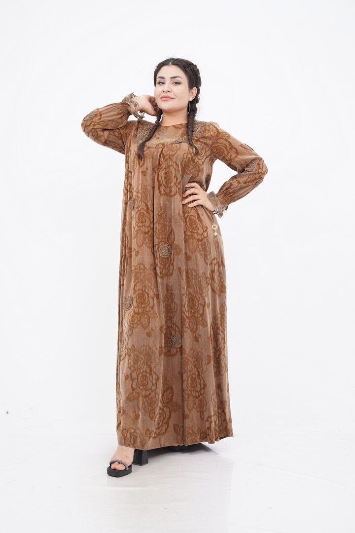 Çiçek Aplikeli Tensel Elbise Camel - 40-48