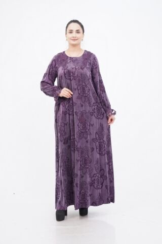 Çiçek Aplikeli Tensel Elbise Mor - 40-48