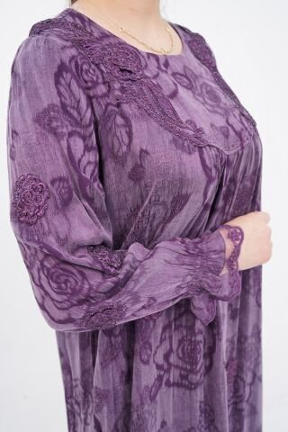 Çiçek Aplikeli Tensel Elbise Mor - 40-48
