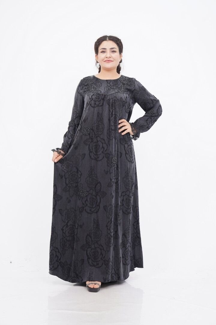 Çiçek Aplikeli Tensel Elbise Siyah - 40-48