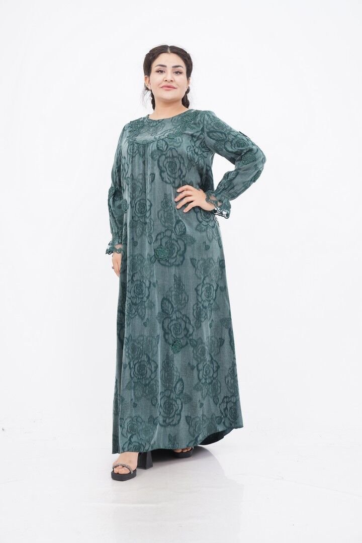 Çiçek Aplikeli Tensel Elbise Zümrüt - 40-48