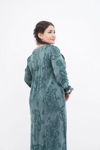 Çiçek Aplikeli Tensel Elbise Zümrüt - 40-48