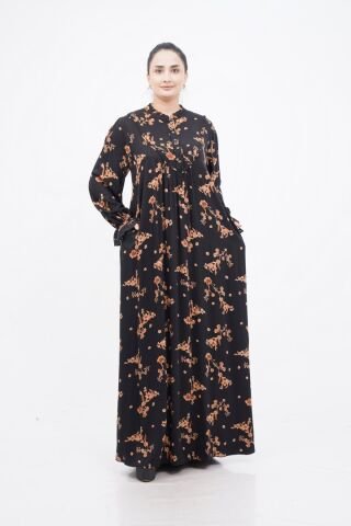 Çiçek Desen Elbise Siyah Camel - 40-48