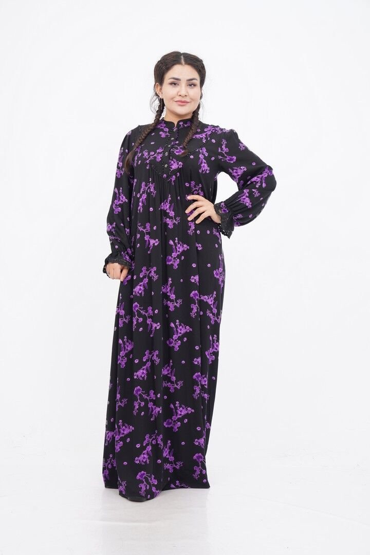 Çiçek Desen Elbise Siyah Mor - 40-48