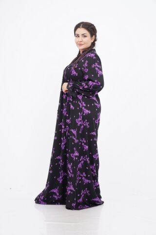 Çiçek Desen Elbise Siyah Mor - 40-48