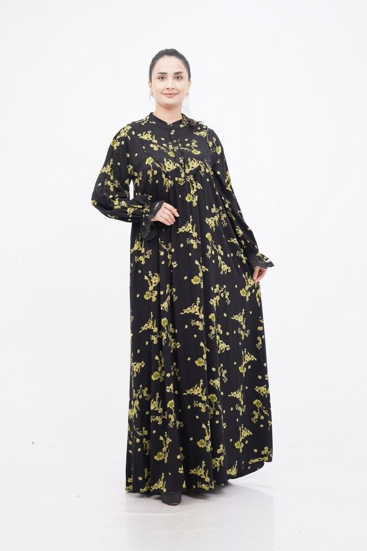 Çiçek Desen Elbise Siyah Yeşil - 40-48