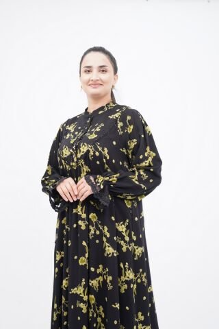 Çiçek Desen Elbise Siyah Yeşil - 40-48