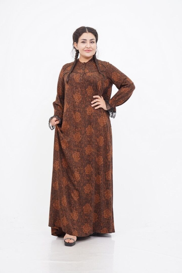 Boncuk İşlemeli Fırfır Yaka Detay Elbise Camel - 40-48