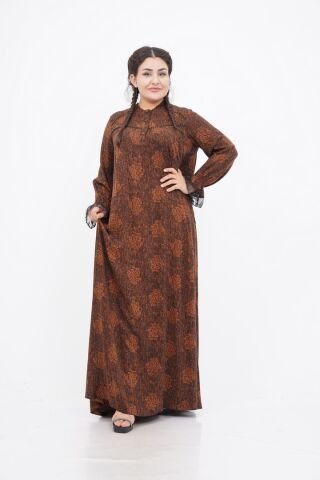 Boncuk İşlemeli Fırfır Yaka Detay Elbise Camel - 40-48