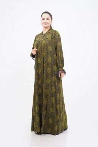 Boncuk İşlemeli Fırfır Yaka Detay Elbise Yağ Yeşili - 40-48