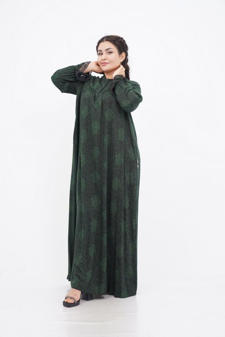 Boncuk İşlemeli Fırfır Yaka Detay Elbise Yeşil - 40-48