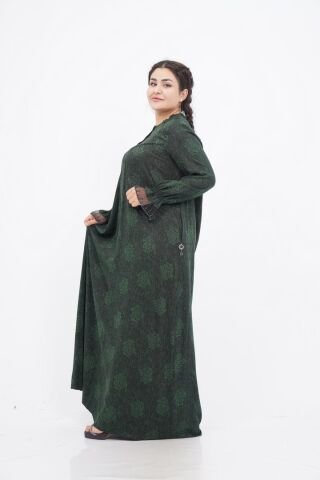 Boncuk İşlemeli Fırfır Yaka Detay Elbise Yeşil - 40-48