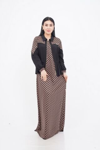 Bel Lastik Detay Ceket Elbise Takım Siyah Camel - 40-48