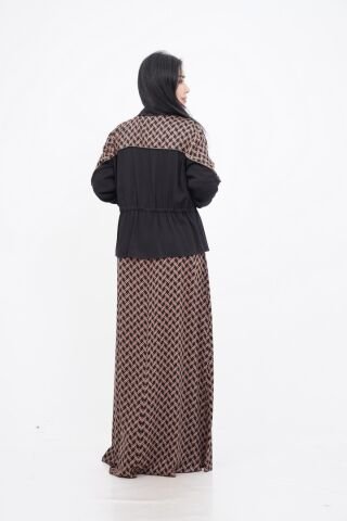 Bel Lastik Detay Ceket Elbise Takım Siyah Camel - 40-48