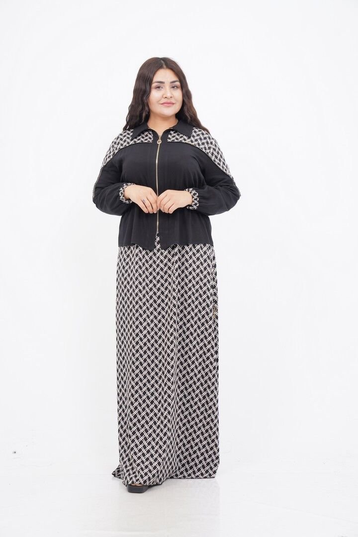 Bel Lastik Detay Ceket Elbise Takım Siyah Bej - 40-48