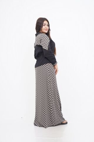 Bel Lastik Detay Ceket Elbise Takım Siyah Bej - 40-48