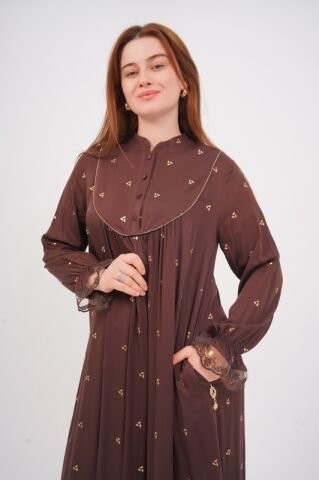 Şerit Taş Detaylı Elbise Kahve - 40-48