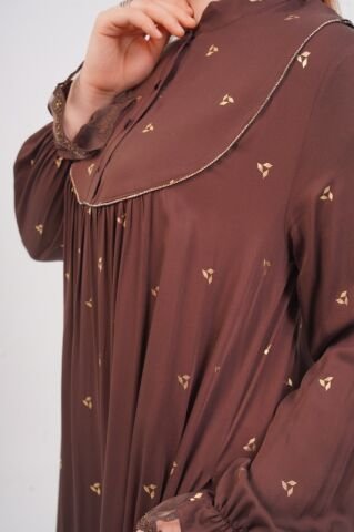 Şerit Taş Detaylı Elbise Kahve - 40-48