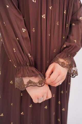 Şerit Taş Detaylı Elbise Kahve - 40-48