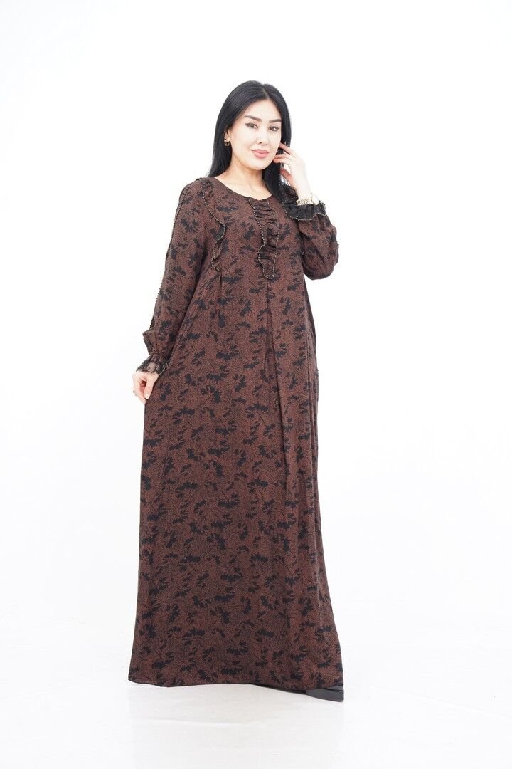 Volanlı Kadın Elbise Kahve - 40-48