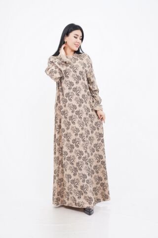 Dantel Detaylı Hakim Yaka Desenli Elbise Bej - 40-48