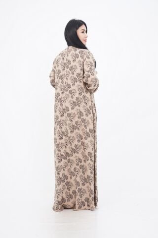 Dantel Detaylı Hakim Yaka Desenli Elbise Bej - 40-48