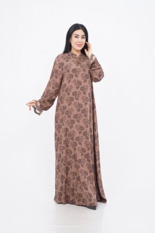 Dantel Detaylı Hakim Yaka Desenli Elbise Kahve - 40-48