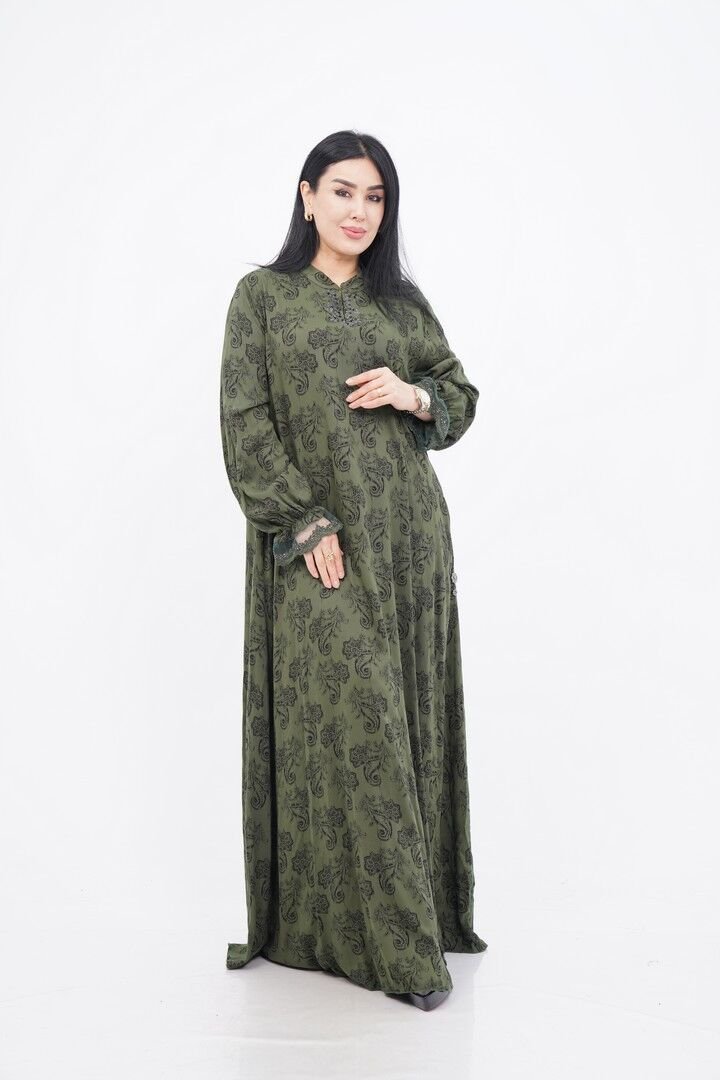 Dantel Detaylı Hakim Yaka Desenli Elbise Yeşil - 40-48