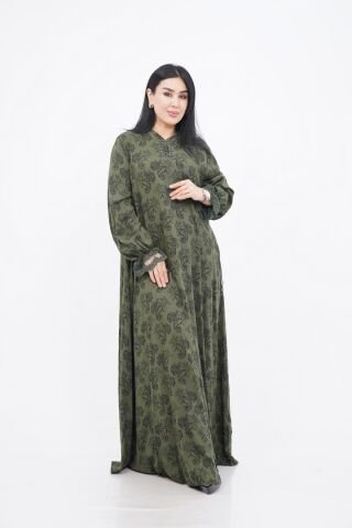 Dantel Detaylı Hakim Yaka Desenli Elbise Yeşil - 40-48