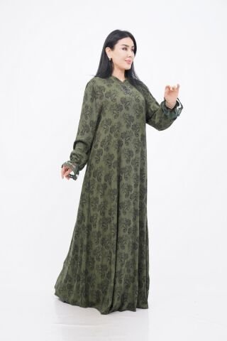 Dantel Detaylı Hakim Yaka Desenli Elbise Yeşil - 40-48