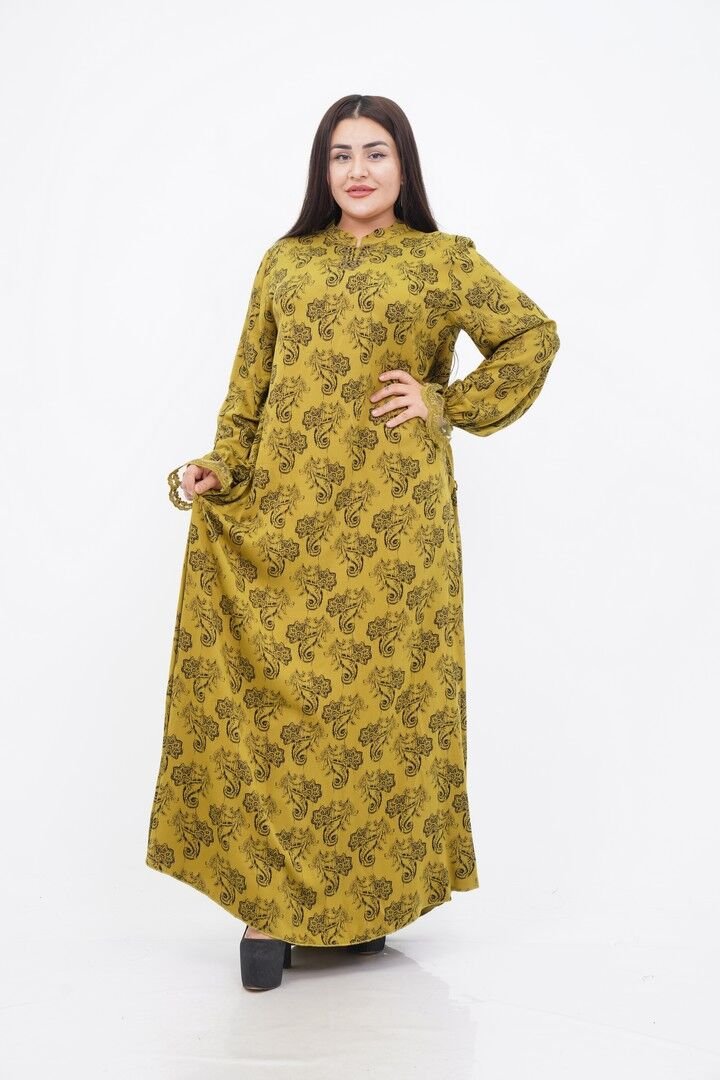 Dantel Detaylı Hakim Yaka Desenli Elbise Yağ Yeşili - 40-48