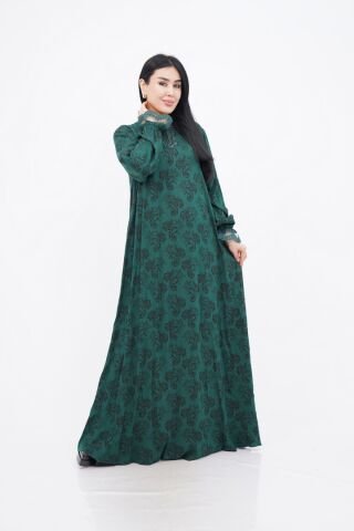 Dantel Detaylı Hakim Yaka Desenli Elbise Zümrüt - 40-48