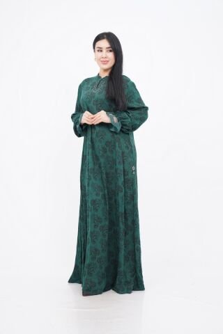 Dantel Detaylı Hakim Yaka Desenli Elbise Zümrüt - 40-48