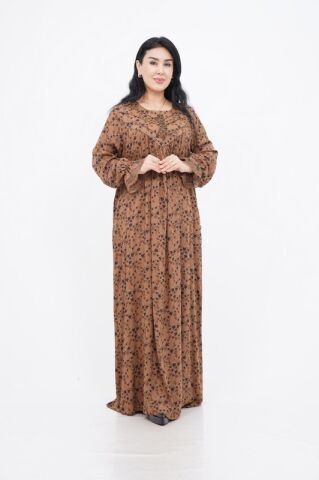 Boncuk Nakış Detaylı Elbise Camel - 40-48