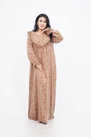 Dantel Fırfır Detaylı Varaklı Tensel Elbise Bej - 40-48