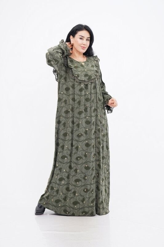 Dantel Fırfır Detaylı Varaklı Tensel Elbise Yeşil - 40-48