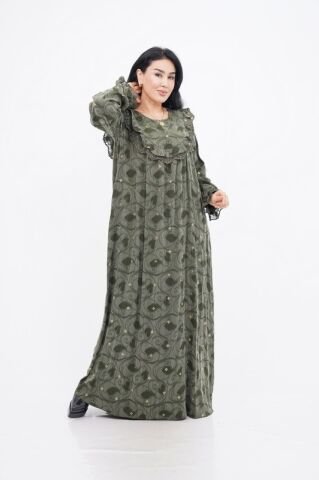 Dantel Fırfır Detaylı Varaklı Tensel Elbise Yeşil - 40-48