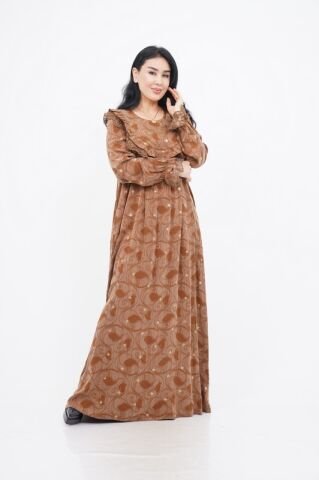 Dantel Fırfır Detaylı Varaklı Tensel Elbise Camel - 40-48