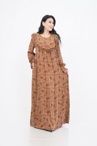 Dantel Fırfır Detaylı Varaklı Tensel Elbise Camel - 40-48