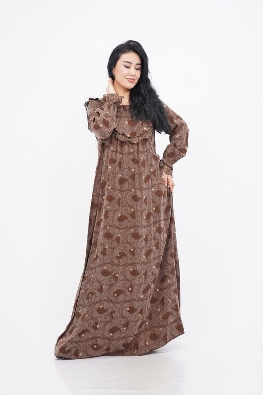 Dantel Fırfır Detaylı Varaklı Tensel Elbise Kahve - 40-48