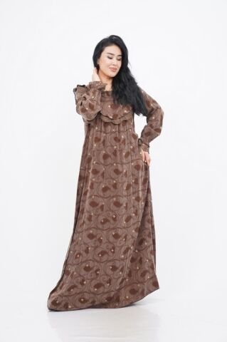 Dantel Fırfır Detaylı Varaklı Tensel Elbise Kahve - 40-48